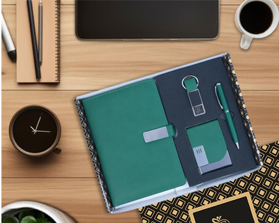 4 in 1 Diary with Pen, Card Holder and Metal Keychain Gift Set for Men and Women, Leather Notebook Diaries Combo Gift for Doctor, Husband, Father, New Year Corporate Gift for Employee (Green)