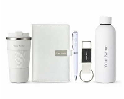 Personalized Notebook Diary, Bottle, Coffee Tumbler 510ml, Keychain with Pen Gift Set, 5 in 1 Customized Gifting Items for Husband, Father, New Year Corporate Gifts for Employee (White)