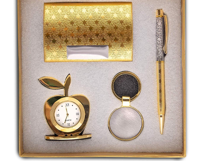 Gold Plated 4-in-1 Gift Set for Men | Women – Apple Shape Table Clock, Crystal Pen, Business Card Holder & Keychain – Ideal for Office | Anniversary | Birthday & Corporate Gifting