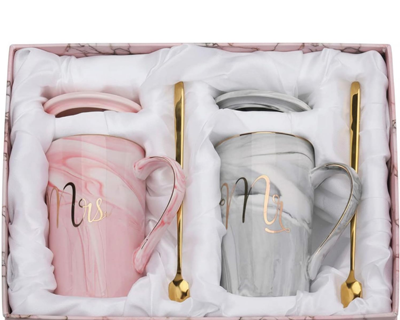 Coffee Mug, Wedding Present for Couples, Marriage Presents for Wedding, Couple Present, Mr & Mrs Set of 2 Coffee Mugs, Lids, Golden Spoon & Beautiful Gift Box