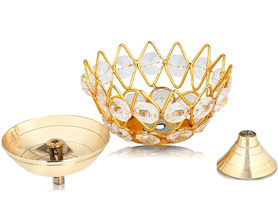 Diwali Diya Crystal Round Akhand Diya for Puja Brass Small Kamal Deep Jyoti Oil Lamp for Home Temple Pooja Decor Gifts Pack of 4