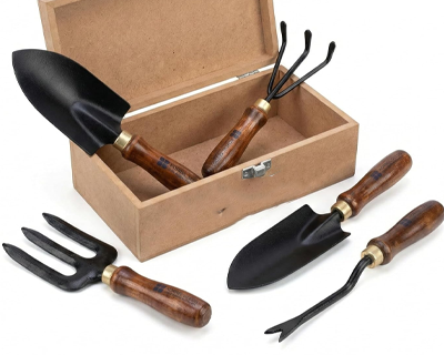Garden Tool Combo Set (6 Pieces) | Wooden Handle Hand Tools with Rustic Black Blades