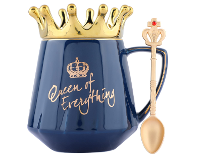 Coffee Mug, Gift for Woman, Birthday Present for Girlfriend, Wife Gift for Anniversary, Queen of Everything Mug with Golden Crown & Spoon