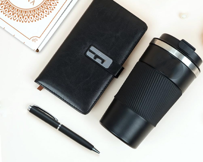 Personalized Diary with Pen, Coffee Tumbler 510ml with Name, 3 in 1 Customized Diary, Pen, Tumbler, Personalised Gifts for Husband, Corporate Gifts for Employee (Black)