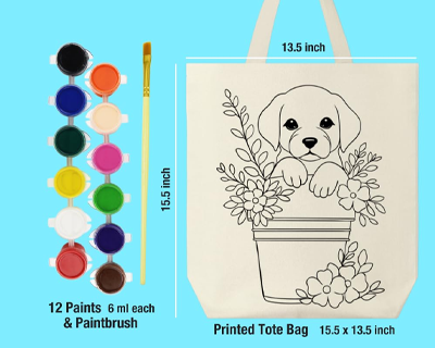 Crafts Tote Bag Painting Kit for Kids & Adults – Reusable Cotton Shopping Bag with Colors & Brush