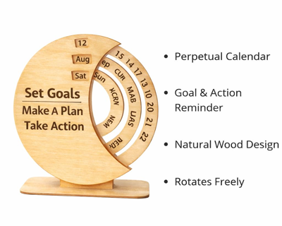 Premium Wooden Perpetual Desk Calendar with Rotating Date & Month Rings – Motivational “Set Goals Make a Plan Take Action” Engraved Tabletop Organizer – Office & Home Décor Gift