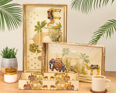 Wooden Serving Tray with Gold Engraving