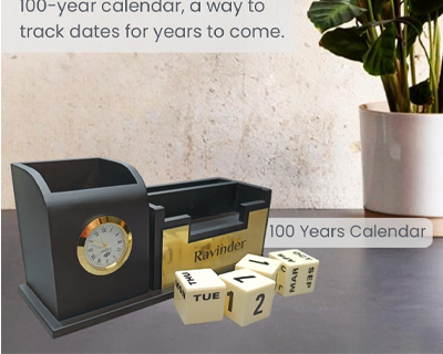 2 in 1 Personalized Desk Table Organizer with Pen Gift Set for Doctors, Customized Pen Stand Table Clock & Calendar, Customised New Year Corporate Gift Set for Employee (Black,Gold)