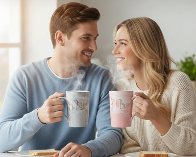 Coffee Mug, Wedding Present for Couples, Marriage Presents for Wedding, Couple Present, Mr & Mrs Set of 2 Coffee Mugs, Lids, Golden Spoon & Beautiful Gift Box