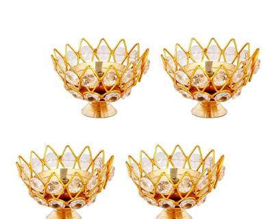 Diwali Diya Crystal Round Akhand Diya for Puja Brass Small Kamal Deep Jyoti Oil Lamp for Home Temple Pooja Decor Gifts Pack of 4