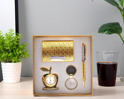 Gold Plated 4-in-1 Gift Set for Men | Women – Apple Shape Table Clock, Crystal Pen, Business Card Holder & Keychain – Ideal for Office | Anniversary | Birthday & Corporate Gifting