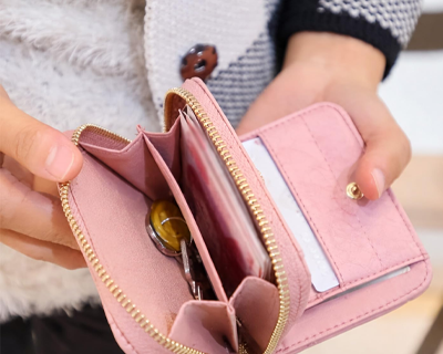 Leather Mini Zipper Wallet for Women, Pink - Checked Pattern