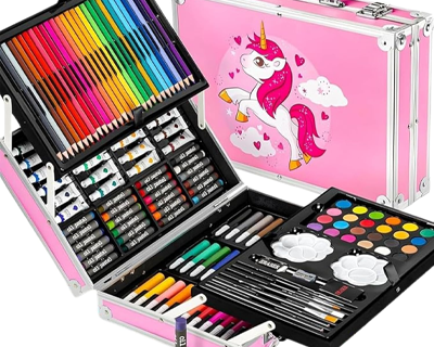 Art Set for Kids, 145 Pieces Drawing Kit with Colour Pencils, Oil Pastels, Paint Brushes, Unicorn Theme Art Set