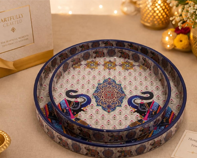 Round Wooden Serving Tray Set of 2