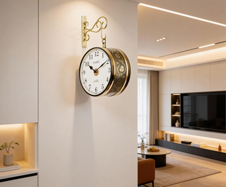 Metal Analog Double Sided Vintage Station Wall Clock with Brass in dial