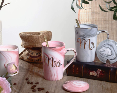 Coffee Mug, Wedding Present for Couples, Marriage Presents for Wedding, Couple Present, Mr & Mrs Set of 2 Coffee Mugs, Lids, Golden Spoon & Beautiful Gift Box