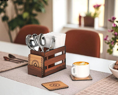 Wooden Cutlery Holder with 3 Compartments & 4 Designer Coasters | Multipurpose Utensil, Tissue & Spoon Stand