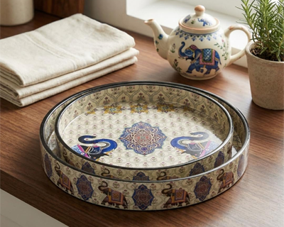 Round Wooden Serving Tray Set of 2