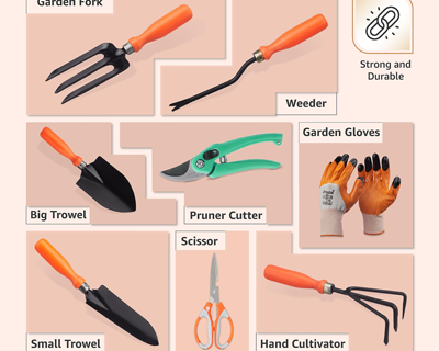 Solimo 8-Piece Gardening Tool Kit | Cultivator, Fork, Trowels, Weeder, Garden Gloves, Pruner Cutter, and Scissor