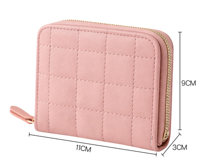 Leather Mini Zipper Wallet for Women, Pink - Checked Pattern