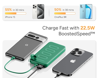10000mAh Slim & Compact Powerbank with in-Build Type C Cable, 22.5W Fast Charging, USB & Type C Output, Power Delivery