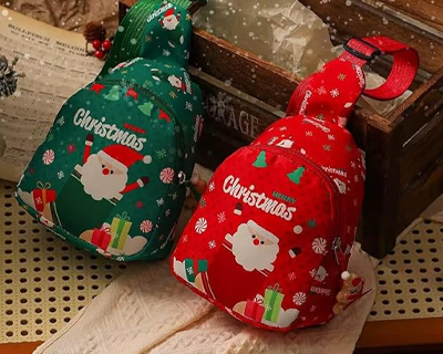 Christmas Sling Backpack for Kids, Santa theme chestbag Adjustable Shoulder Strap, 17x13x6.5 cm, sling Bag printed Snowflakes XmasTrees reindeer