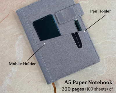 4 in 1 Personalized Diary with Pen, Card Holder And Keychain Gift Set for Men and Women, Customized Jute Cover Pu Leather Diaries Set, New Year Corporate Gift for Employee (Grey)
