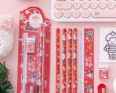 Glitreeprops Christmas present gift combo set for kids | Xmas gift bag 10 items cute school stationery pen pencil eraser diary keychain stickers badge