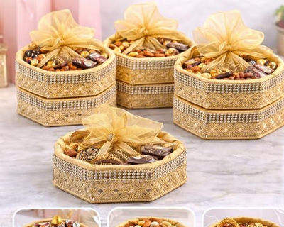 Vayu Art & Crafts Octagonal Shape Decorated Net Hamper Gift Basket Combo/Pack of 5, Diwali Gift Hamper, Festival Gift