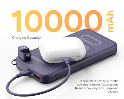 10000mAh Slim & Compact Powerbank with in-Build Type C Cable, 22.5W Fast Charging, USB & Type C Output, Power Delivery