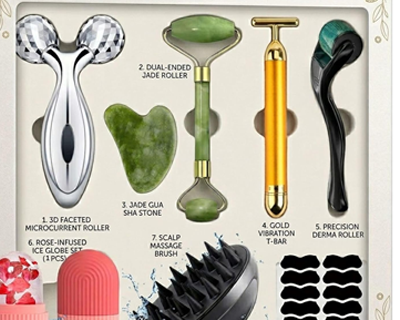 8 Pcs Facial Massager Kit for Face Care | Jade Roller, Gua Sha, Ice Roller, 3D Face Massager, Gold T Bar, Derma Roller, Silicone Scalp Brush, 10 Nose Strips | Skin Tightening Glow Kit | Women Men