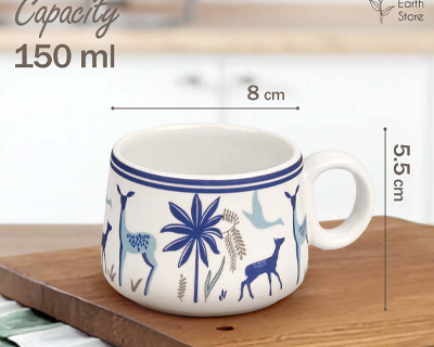 The Earth Store Handcrafted Ceramic Stag Blue Tea Cup Set with Kettle Microwave and Dishwasher Safe 6 Tea Cups & 1 Kettle