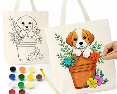 Crafts Tote Bag Painting Kit for Kids & Adults – Reusable Cotton Shopping Bag with Colors & Brush