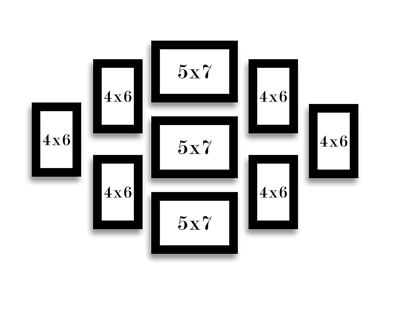 Photo Frame With Glass (Black,9 Photos) Wall Mount, Rectangular, 5 x 7 inches (3 pieces), 4 x 6 inches