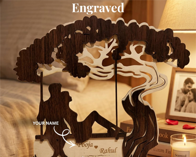 Customizable Wooden Couple Desk Art Showpiece | Personalized Romantic Couple Under Tree Figurine | Anniversary & Special Occasion Wedding Gift