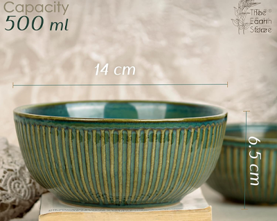 The Earth Store Glam Green Ceramic Bowl Set of 4, 500ML Each | Ceramic Mixing Bowls for Snacks, More