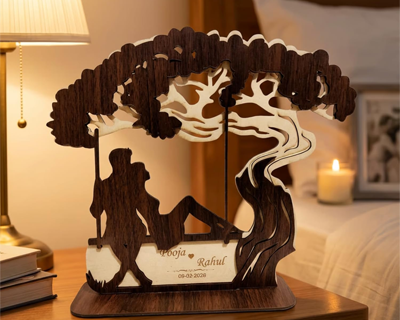Customizable Wooden Couple Desk Art Showpiece | Personalized Romantic Couple Under Tree Figurine | Anniversary & Special Occasion Wedding Gift