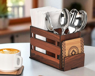 Wooden Cutlery Holder with 3 Compartments & 4 Designer Coasters | Multipurpose Utensil, Tissue & Spoon Stand